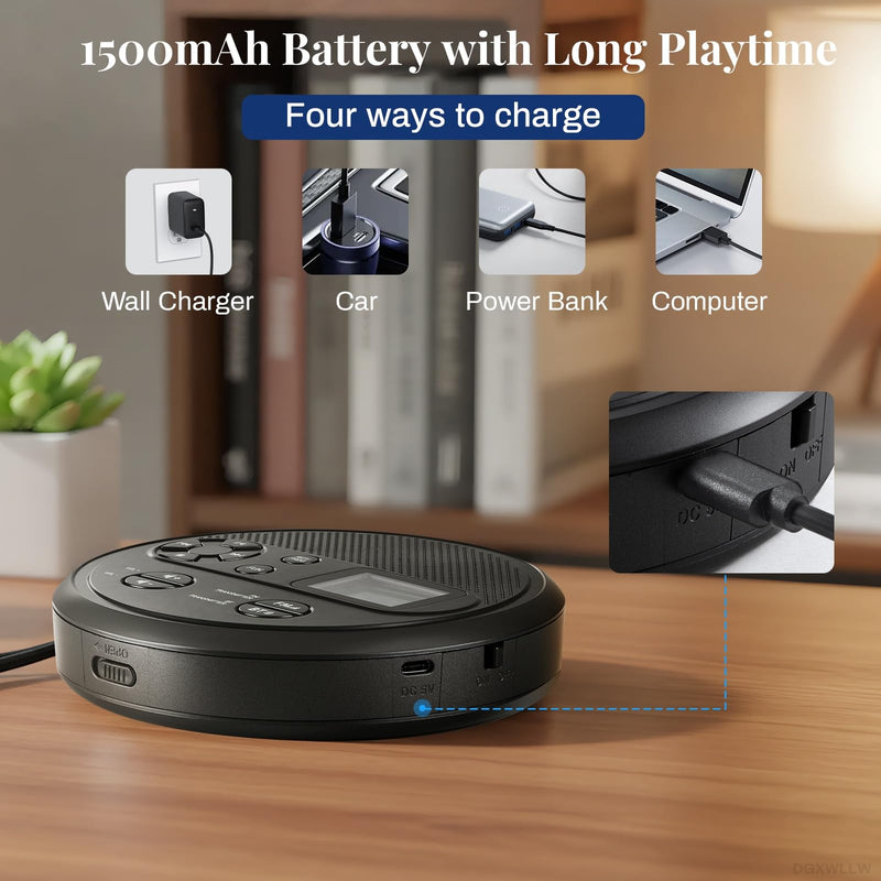 Portable CD Player with Bluetooth, FM Transmitter, USB, AUX, Timer | Rechargeable CD Player with Anti-Skip, Stereo Speakers, LCD Display, Includes Headphones for Use at Home or in Car, Black
