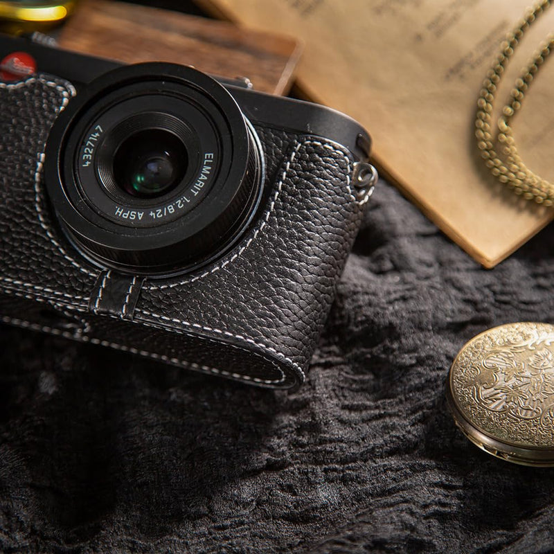 Genuine Leather Retro Camera Case, Half-Wrap Genuine Leather Camera Protector, Compatible For Leica X1 X2 X-E (Black) Black