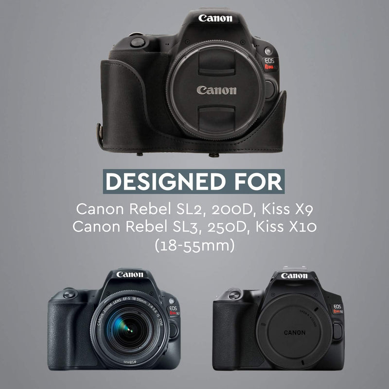 MegaGear Leather Camera Case Compatible with Canon EOS Rebel SL3, Kiss X10, Rebel SL2, Kiss X9 18-55mm Lens Black