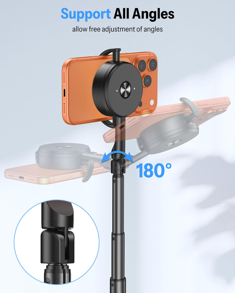 OMOTON 68" Magnetic Phone Tripod with Remote, Selfie Stick for iPhone Black | 0.01S Auto-Open, Aluminum Adjustable Height& Angle, Clip for Android, Dual-Sided Magnetic for Video Recording Travel Vlogging