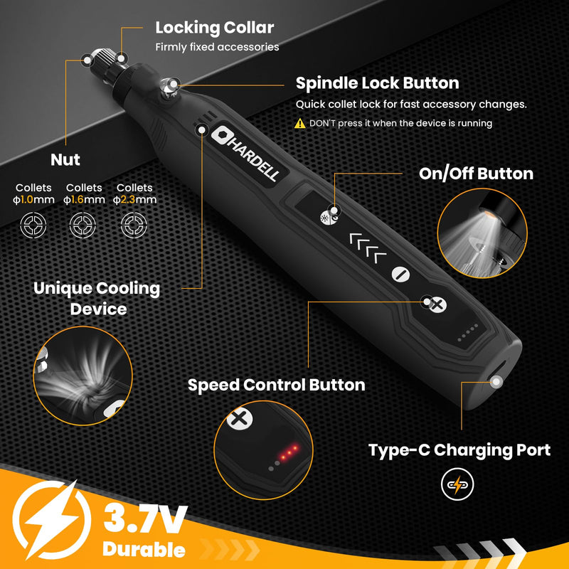 HARDELL Mini Cordless Rotary Tool Kit, 5-Speed and USB Charging with 69 Accessories, Multi-Purpose 3.7V Power Rotary Tool for Sanding, Polishing, Drilling, Etching, Engraving, DIY Crafts (Black) Black rotary tool kit-69pcs