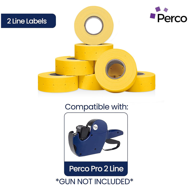 Perco 2 Line Yellow Labels - 8 Rolls, 1 Sleeve, 6,000 Blank Price and Date Gun Labels for Perco 2 Line Price and Date Guns - Made in USA