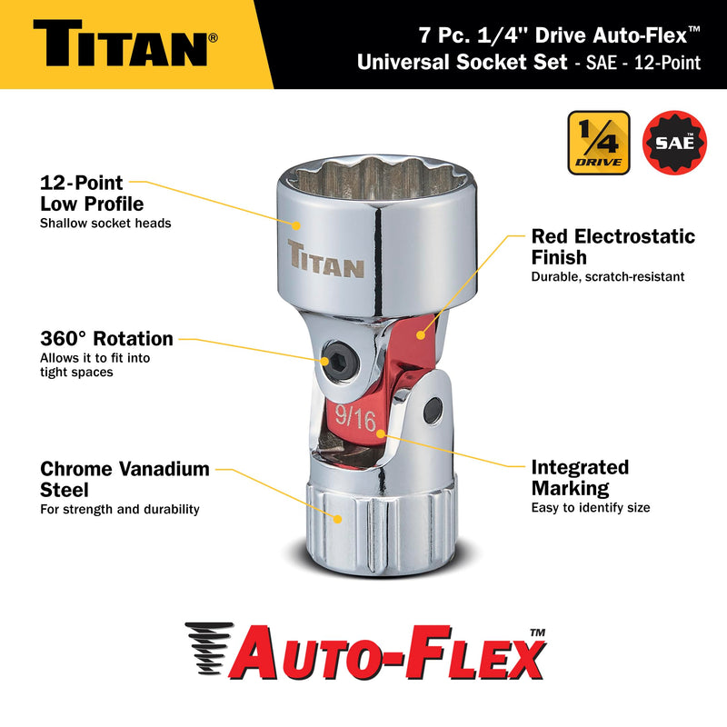 Titan 66860 7-Piece 1/4-Inch Drive SAE Auto Flex Universal Socket Set, 12-Point, 3/16-Inch to 9/16-Inch 0.188 - 0.563 Inch