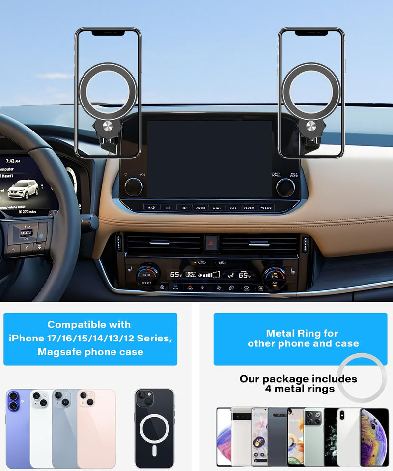 Car Phone Holder for Nissan Pathfinder 2022-2025 8"/9" Screen Accessories | MagSafe Strong Magnetic Clip-On Cell Phone Mount, Dual Slots Holders for Driver & Passenger, 360° Rotatable Hands-Free Holder for 2022-2025 Nissan Pathfinder(8/9 Inch Screen)