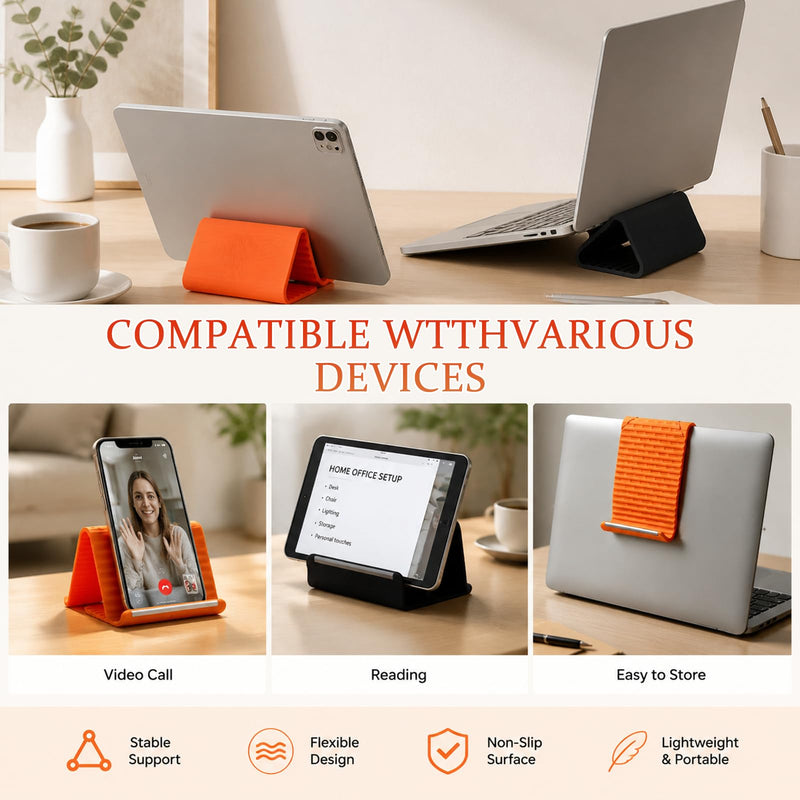 Flexible Silicone Phone Stand with Aluminum, Foldable Portable and Bendable Phone Holder for Phone Tablet Laptop, Portable Rollable Multi-Angle Stand (Orange) Orange