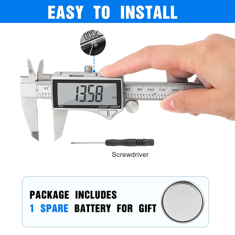 Adoric Digital Caliper, Caliper Measuring Tool Stainless Steel Vernier Caliper Digital Micrometer with Large LCD Screen, Easy Switch from Inch Metric Fraction, 0-6" Caliper Tool for DIY/Household 6" SS-Large LCD