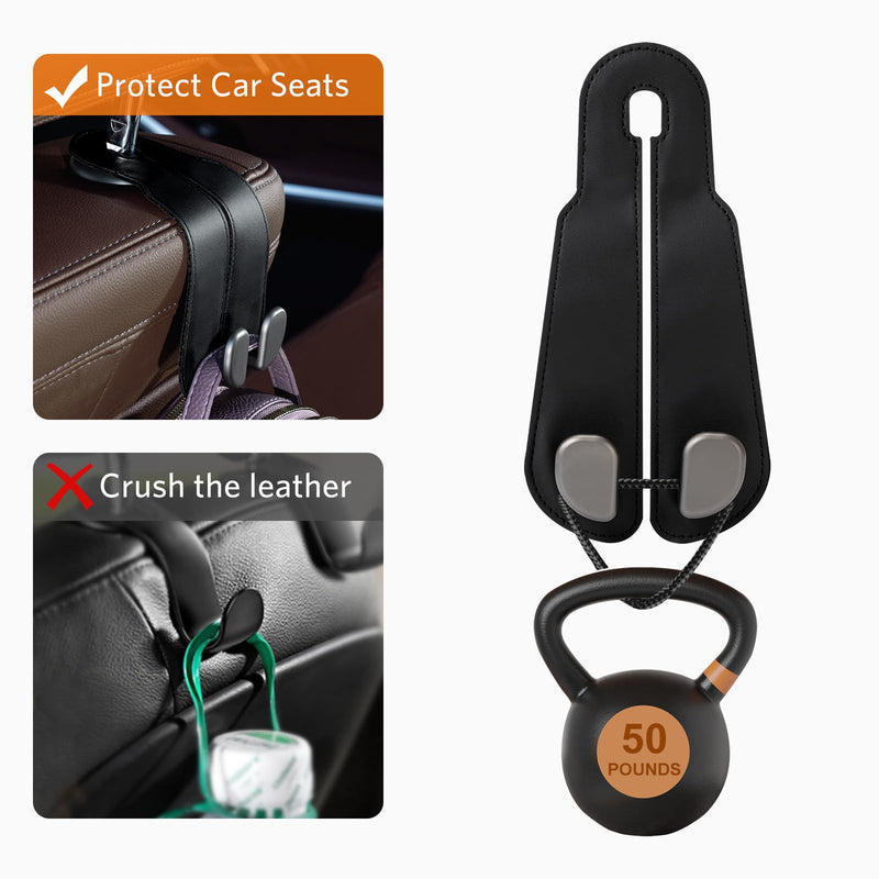 CoBak Purse Hook for Car - Universal Premium Stitched Leather and Aluminum-Magnesium Alloy Double Car Seat Back Storage Hook for Purses, Handbags, Bags (2 Pack),Black Black Double-Hooks