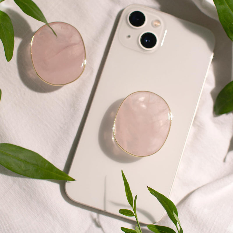 Natural Gemstone Phone Grip Collapsible Cell Phone Holder & Expanding Kickstand, Authentic Oval Crystal with Gold Edge (Rose Quartz, Adheisve Base) Rose quartz Adhesive