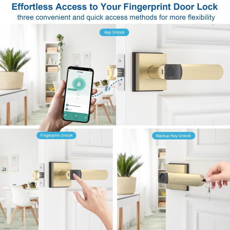 Fingerprint Door Lock & Biometric Door Knob with App – 3-in-1 Keyless Entry Smart Door Lock with Auto-Lock & Interior Lockable, Secure Your Home, Office, Bedroom & Apartment Gold