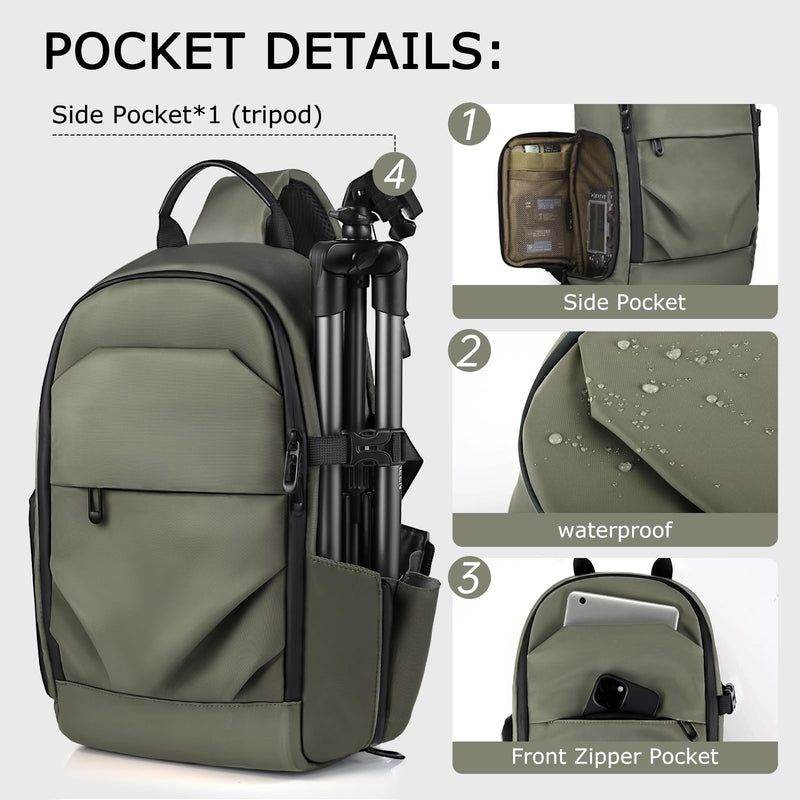 TAAOKA Camera Sling Bag, DSLR/SLR/Mirrorless Camera Backpack Case Shockproof Photography Backpack with Tripod Holder & Removable Modular Inserts Compatible with Canon/Nikon/Sony/Fuji Green Medium 9.06 x 5.12 x 15.16 inches