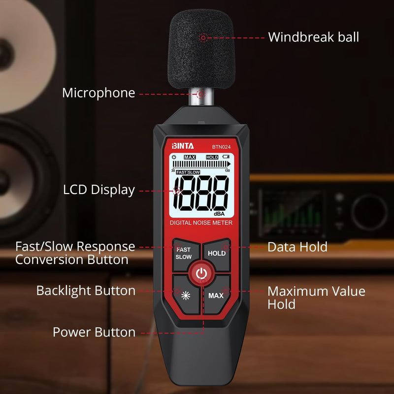 BTNTA Decibel Meter, Digital Sound Level Meter 30-130dB A-Weighted, Portable SPL Tester with Backlit LCD Screen, Noise Decibel Reader MAX Data Hold Audio Power Off for Home Office Factory Neighbors