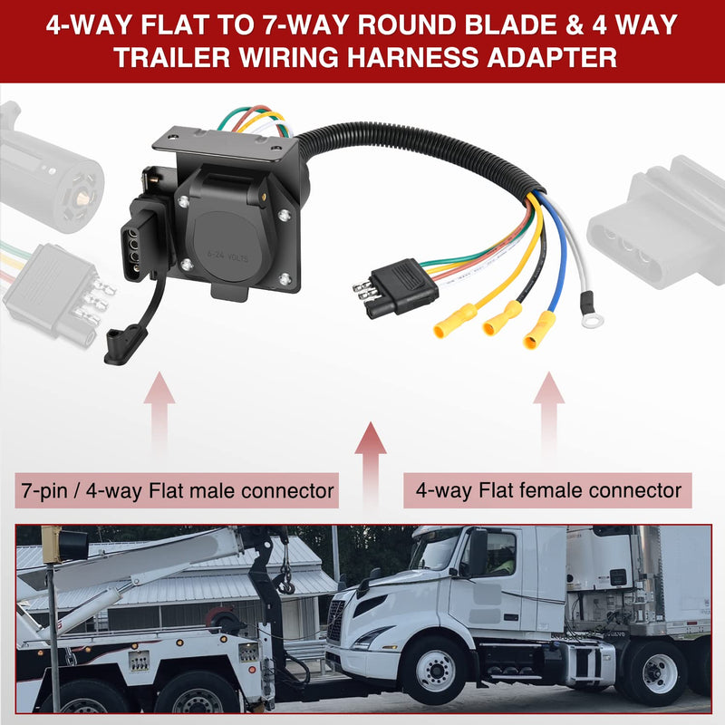 Nilight Dual Output 4 Way Flat Vehicle Side to 7 Way RV Blade Wiring Adapter 4 Pin Flat to 7 Pin Round Blade and 4 Way Trailer Wiring Harness Adapter w/Mounting Bracket for Truck RV Dual Output 4 Way to 7 Way Trailer Adapter