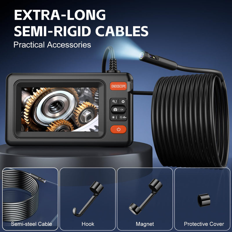 Dual Lens Endoscope Camera with Light, 1920P HD Borescope Camera with 4.3" LCD, 8 Adjustable LEDs, 16.4FT Semi-Rigid Cable & 32GB Card-IP67 Waterproof Inspection Borescope for Sewer/Drain/Pipe(Black) Black