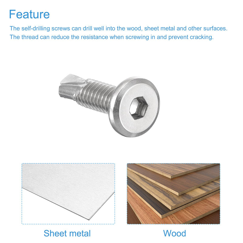 uxcell 200Pcs Hex Socket Self Tapping Screws, 1/4" x 1" 410 Stainless Steel Flat Head Sheet Metal Drilling Screws, Silver 1/4" x 1" 200