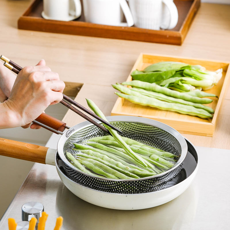 304 Stainless Steel Strainer Basket with Self-Draining Solid Base Ideal for kitchens, pasta, fruits, vegetables, frying, and water-based cooking - 8.7in Caliber-8.7in
