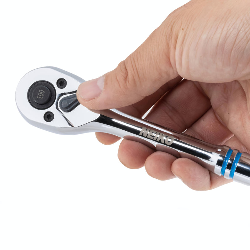 NEIKO 3/8 Inch Ratchet Wrench, 100-Tooth Reversible, 3.6 Degree Swing, Quick Release, 8" Long Handle, Silver Chrome Vanadium Steel 3/8" Drive 8" Length, 100-Tooth