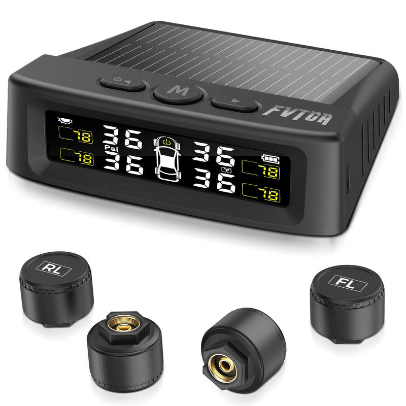 Tire Pressure Monitoring System - TPMS with Solar and USB Charger, 4 Tire Sensors and 6 Alarm Modes, Auto on/off and Voice Prompt, TPMS with Color LCD Screen, for RV, Sedan, SUV, MPV, etc (0-87 PSI)