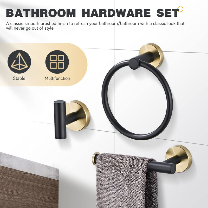 Bathroom Hardware Set 3 Piece Black&Gold Wall Mounted Stainless Steel Hardware Towel Bar Set Gold Bathroom Accessories Towel Rack Set Kit Includes Hand Towel Ring, Toilet Paper Holder, Robe Hook 3-piece Style 1