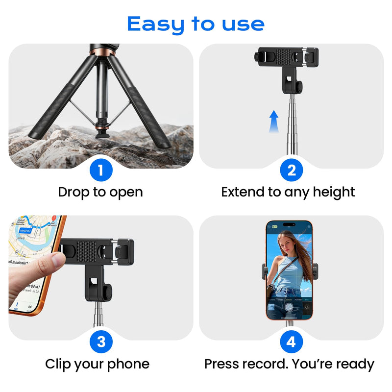 LOXP [Auto Open] Phone Tripod for iPhone, 67" Selfie Stick Tripod | Lightweight Aluminum Phone Tripod Stand with 360° Rotation for Video Recording, Travel, Vlog, Live Stream, without Remote
