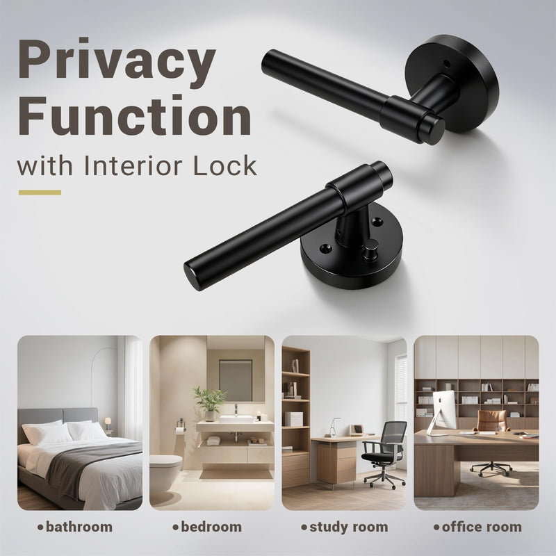 KNOBWELL 1 Pack Black Door Handles for Bedroom Bathroom, Heavy Duty Matte Black Door Knob with Interior Push Button Lock, Unversible Right/Left Handed Levers, Silent Privacy Handle Privacy Lock-1 Pack