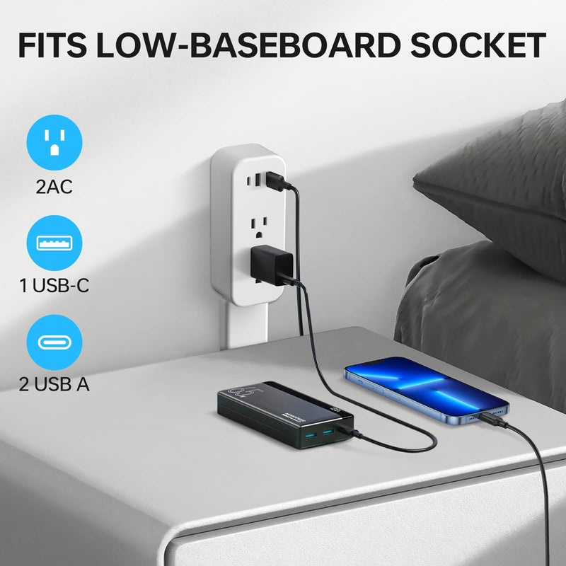 35 Inch Retractable Power Extender Strip, 180° Rotating Plug | Extend 23 to 35 inches, Access Hard-to-Reach Socket, Designed for Behind Couches, Nightstands, Desks, and More White
