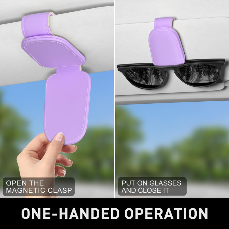 Sunglasses Holder for Car Visor, Magnetic Leather Car Sunglass Holder, Car Sun Visor Glasses Hanger Clip, Car Interior Accessories for Women Men, Fits All Size Eyeglasses Z-Purple
