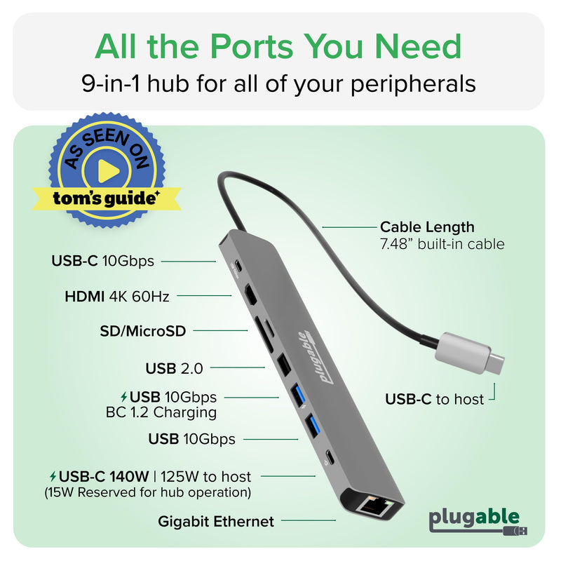 Plugable USB C Hub Multiport Adapter: 9-in-1 with 140W PD Charging, 4K 60Hz HDMI, 10Gbps Data Transfer, Gigabit Ethernet, SD for USBC, USB4, Thunderbolt MacBook, Windows, Chromebook (USBC-9IN1E)