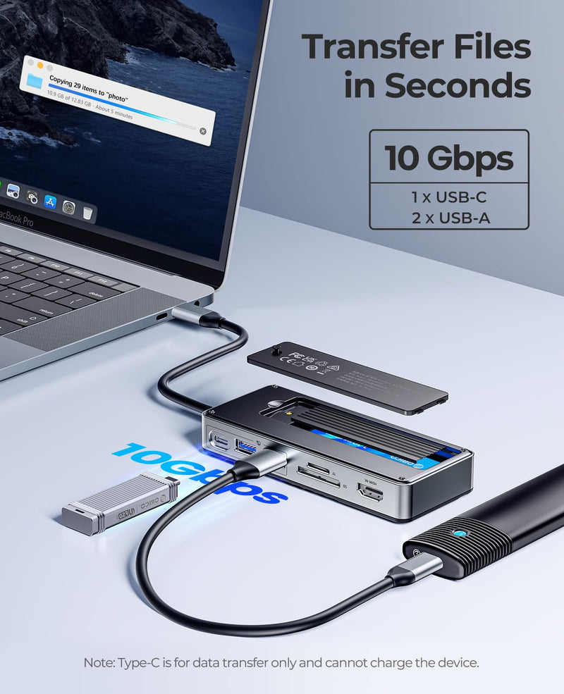 ORICO USB-C Hub with M.2 SSD Enclosure, 8-in-1 USB C Docking Station Fits M.2 NVMe/SATA SSD, 10Gbps, 4K@60Hz HDMI, 100W PD, SD/TF Card Reader with SD/TF
