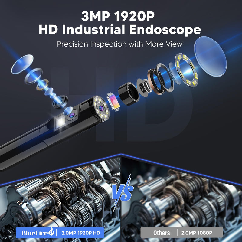 BlueFire Upgraded Endoscope Camera with Light, 1920P HD Borescope, 16.4ft Semi-Rigid Snake Camera for Android and iOS Smartphone, Tablet, Black, IP67 Waterproof 16.4 FT