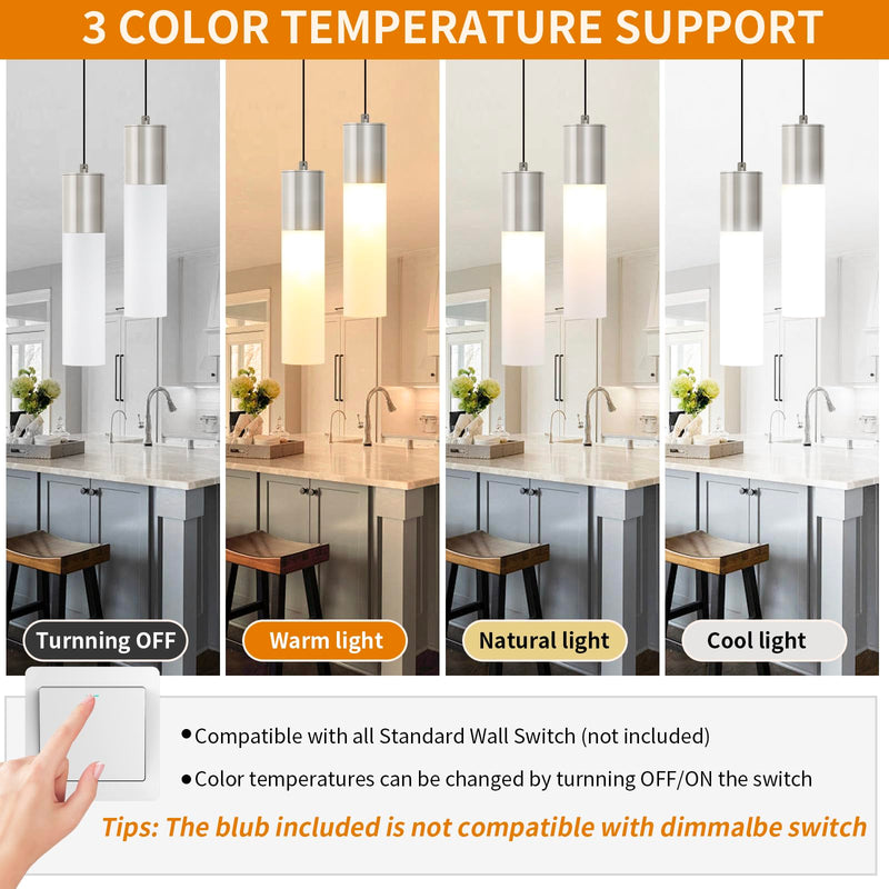 LED Kitchen Pendant Lighting Over Sink 1-Light Brushed Nickel Pendant Lights Modern Dining Table Lights Ceiling Hanging Lamp with Milky White Lampshade, Adjustable Height, 3000K-6000K 1-Light 1-Pack