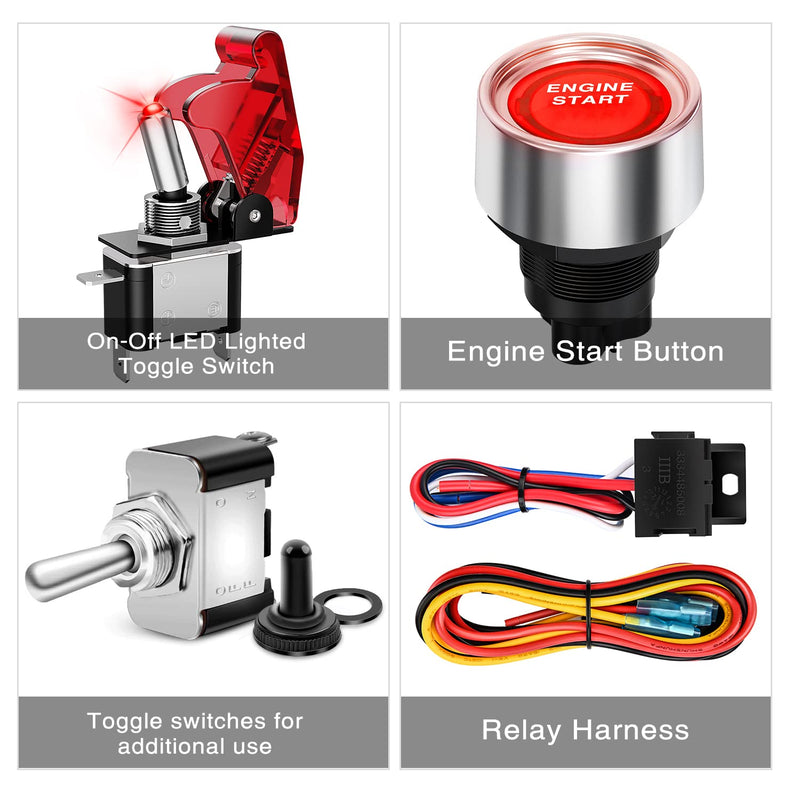 Nilight Ignition Rocker Switch Panel 12V 4 in 1 with Engine Push Button Toggle Switches with Relay Wiring Harness LED for RV Truck Racing Car Boat Marine Trailer Red 4 in 1 Panel