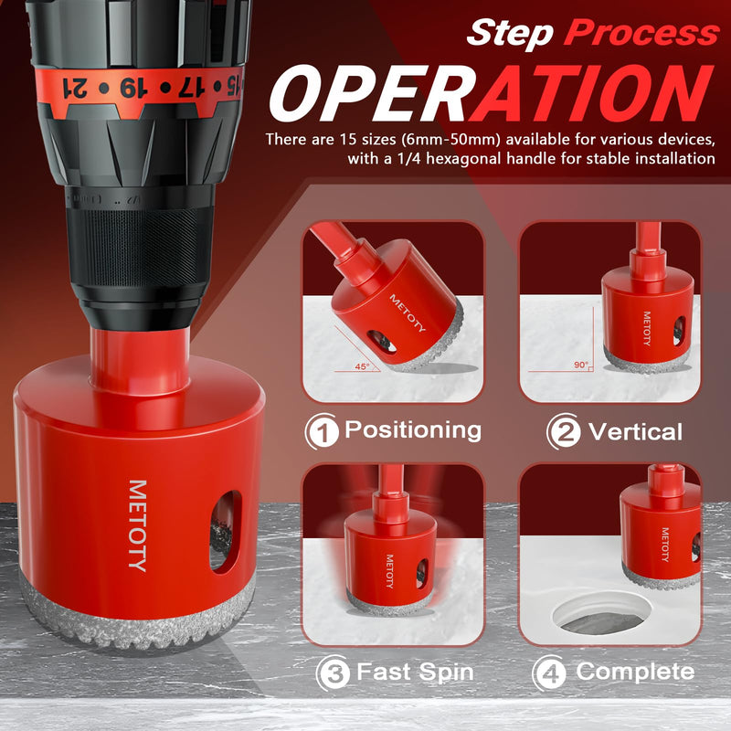 Diamond Hole Saw Drill Bit Set (15 PCS) (1/4"-2") Serrated Diamond Core Bits for Ceramic, Glass, Tile, Marble, Granite | EVA Positioner & Hard Storage Bag | Dry/Wet Dual-Use | High-Precision Drilling (1/4"-2")-15PCS