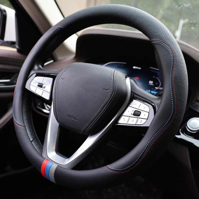  [AUSTRALIA] - Car Steering Wheel Cover for BMW X3 X5 X7 3 5 Series 328i 528i 535i 530i 540i 320i 330i 325i X1 X2 X4 X6 1 2 4 6 7 8 Series e90 e60 f30 Accessories, 2026 Leather Black (Red Blue)