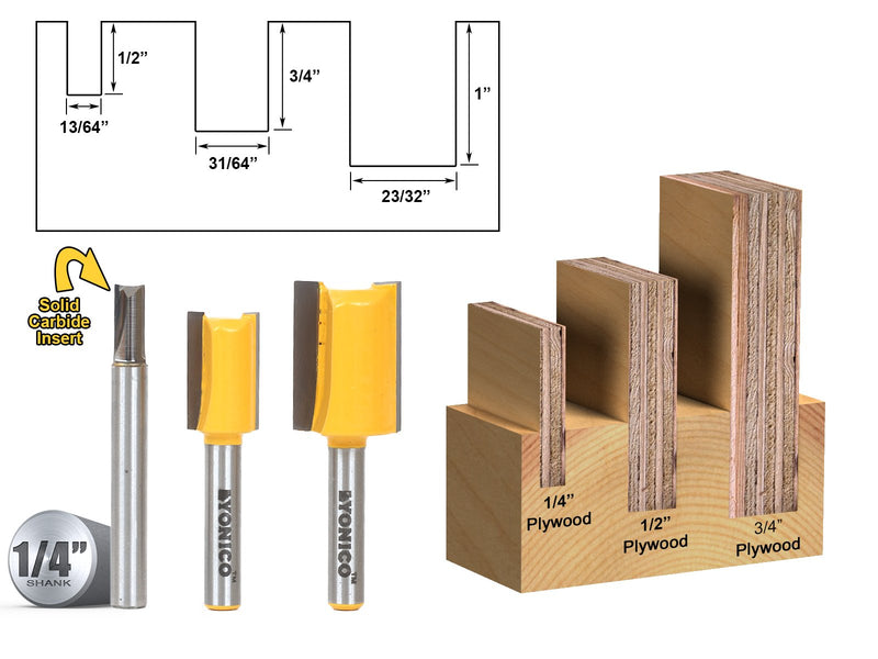 YONICO Router Bits Set Dado Straight Bit Undersize Plywood 3 Bit 1/4-Inch Shank 14323q 1/4" Shank
