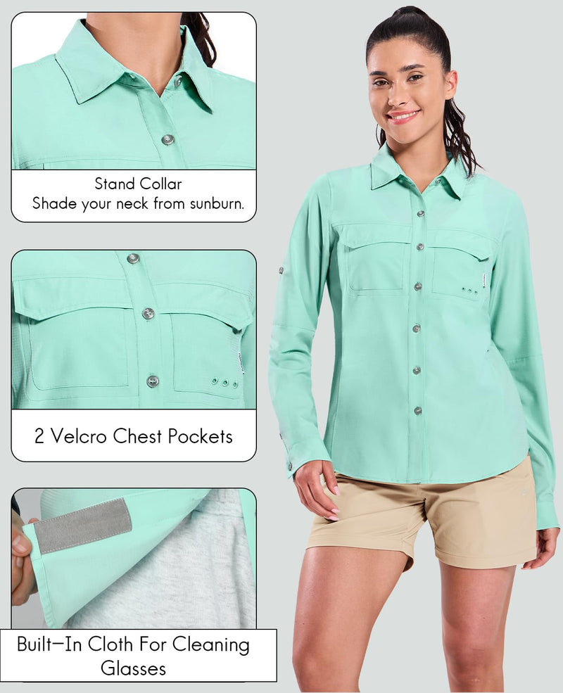 Haimont Women's Travel Hiking Fishing Button Down Shirt, UPF 50+ UV Long Sleeve Sun Shirts for Outdoor Camping Sailing Medium Light Green