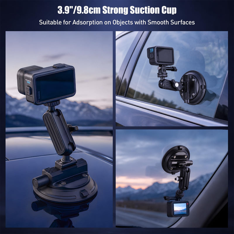 HSU 3.9"/9.8cm Suction Cup Mount with Adjustable Ball Head Magic Arm | Quick Release Universal Car Windshield Holder, Compatible with GoPro, Insta360, DJI Action Osmo Cameras, DSLR & Smartphones