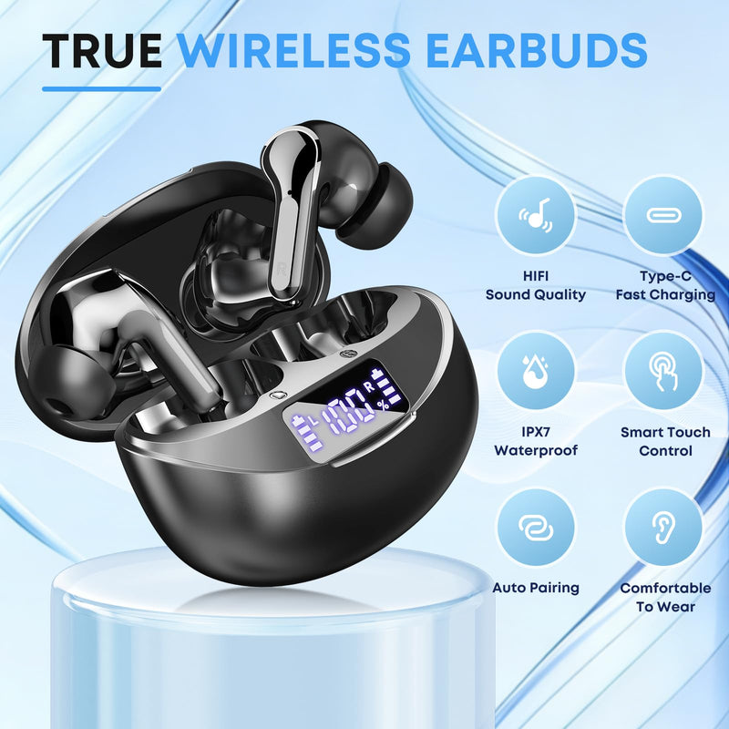 Wireless Earbuds Bluetooth 5.4 Headphones, Noise Cancelling Mic Ear Buds with 50H Playback, LED Digital Display, IPX7 Waterproof Earphones for Office/Running/Workout Jet Black