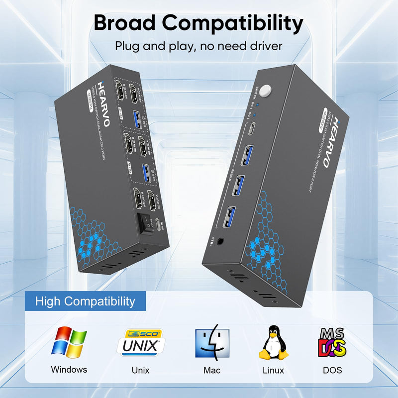 Heravo USB 3.0 HDMI KVM Switch 2 Monitors 2 Computers, 4K@60Hz Dual Monitor | Share Keyboard, Mouse, Hard Drives and Printers via 4-Port USB 3.0 Hub, with EDID, 2 USB Cables, and Controller - S7232H2 Ebony
