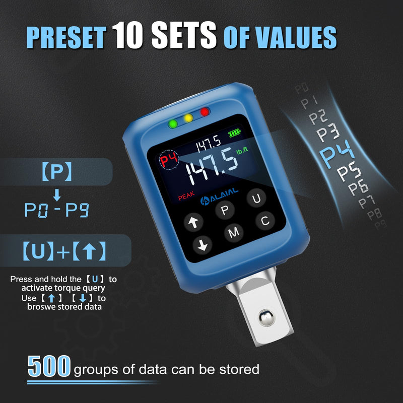 Digital Torque Adapter 1/2", 2.2-147.5 Ft-lb/3-200 Nm, Digital Torque Wrench Converter with ±2% Accuracy, Buzzer and LED Indicator, 2 Modes, 4 Units, 3/8'' & 1/4'' Adapters for Car, Moto