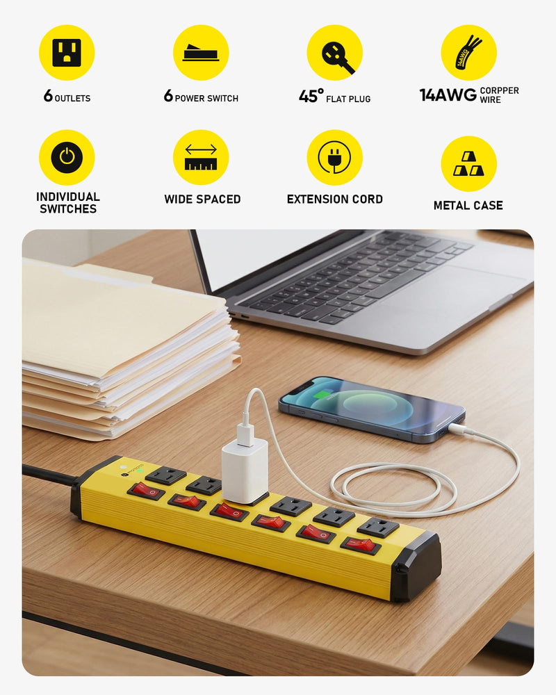KeBen Heavy Duty Surge Protector,6 Outlets Individual Switches,6FT/15A | Surge Protector with 1200J,Flat Plug Design,Wall Mountable Metal Power Strip for Appliance,Workshop,Garage-14AWG/1875W 6FT 1
