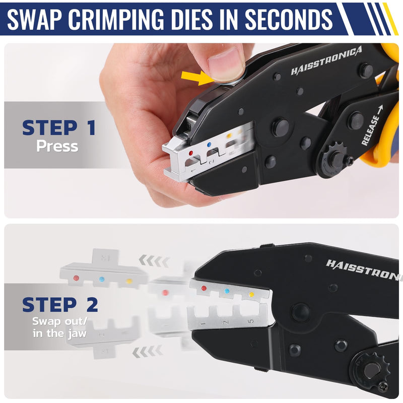 haisstronica 6 in 1 Crimping Tool Kit, Professional Ratchet Wire Crimper with 6 PCS Interchangeable Dies for Heat Shrink, Non-Insulated,Ferrule,Open Barrel,Insulated Connectors, Men Tool Gifts