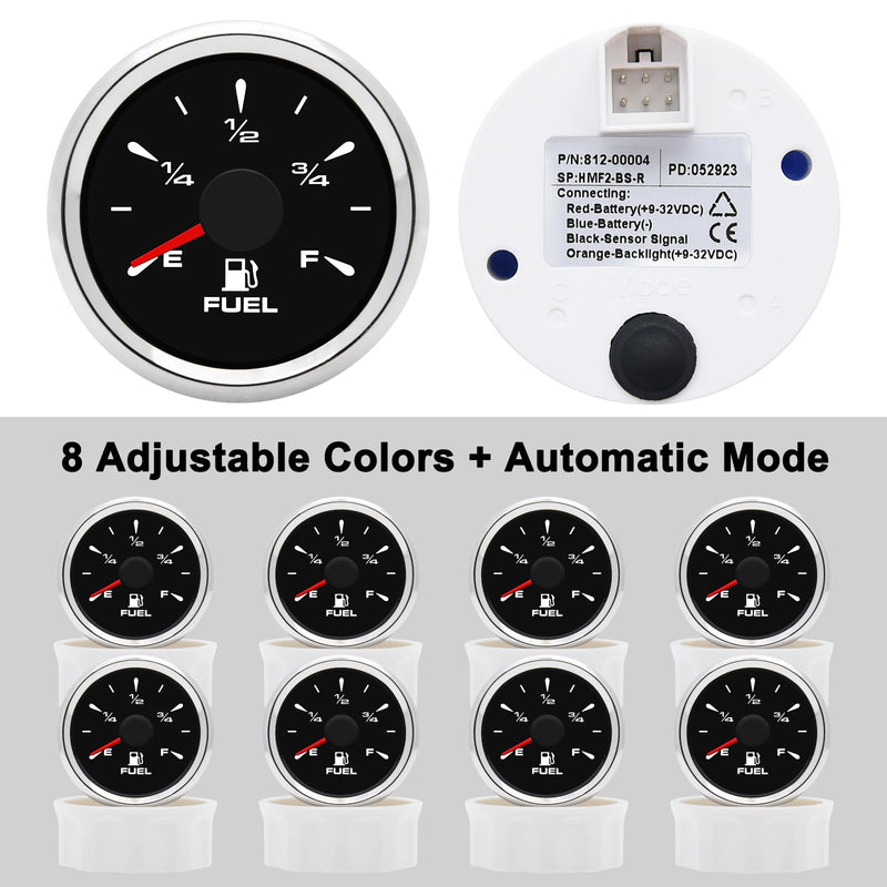  [AUSTRALIA] - 52mm Digital Fuel Level Gauge 240-33ohm 0-190ohm Boat Fuel Gauge Adjustable 8 Color Backlight for Car Boat Truck Vehicle Black / Sliver