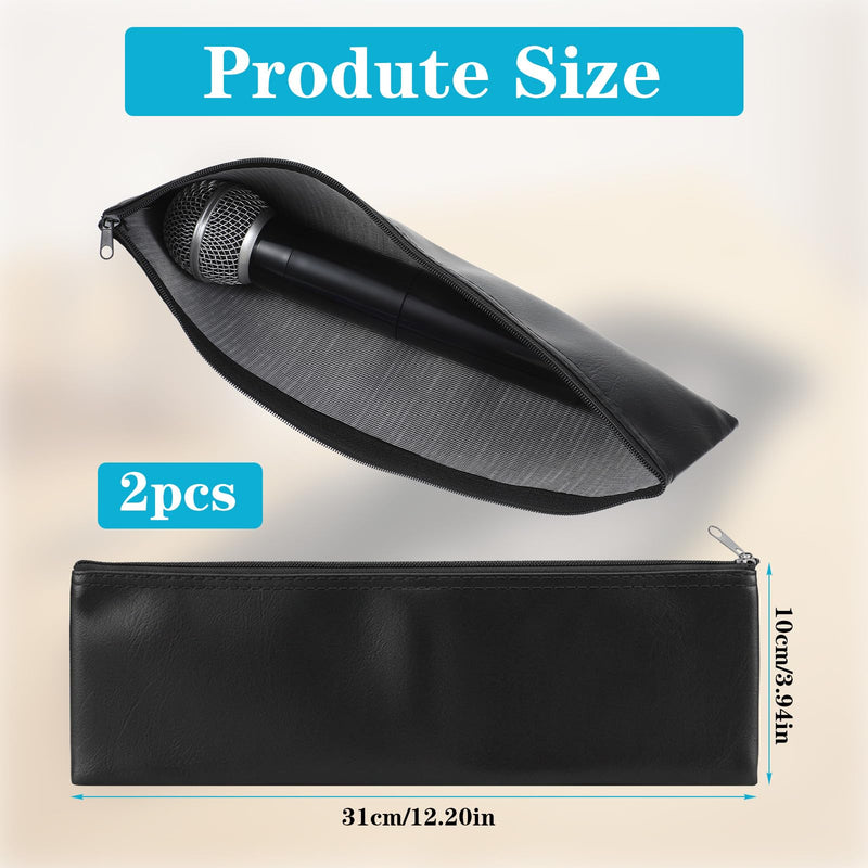 2 Pack Microphone Bags,12"X4" Black PU Leather Microphone Pouch | Portable Microphone Case for Wireless Mic Protector Mic Storage Bag Black Zipper Storage Pouches for Carrying