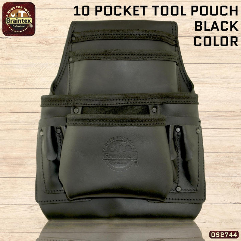 Graintex OS2744 10 Pocket Nail & Tool Pouch Top Grain Oil Tanned Leather for Framers, Constructors, Electricians, Plumbers, Handyman