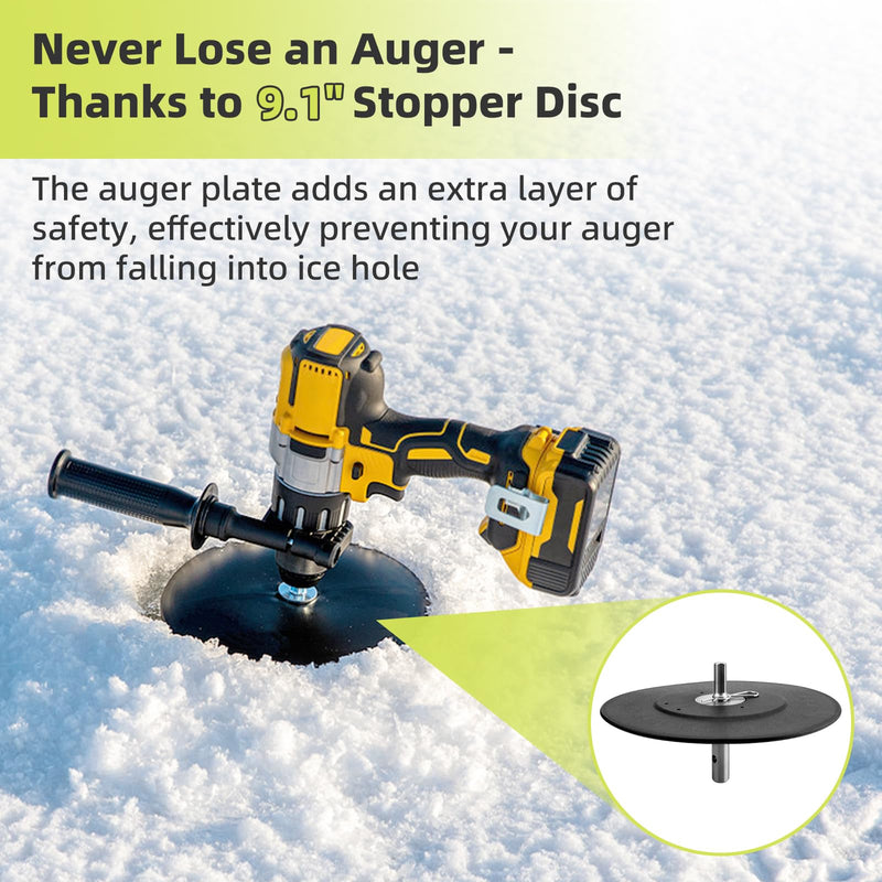 Ice Fishing Auger Drill Adapter, 1/2" Drill Chuck, 9.1" Auger Stopper Disc | for Eskimo, for StrikeMaster Mora Hand Augers, 1/2" Drill Chuck, 9.1" Stopper Prevents Auger Dropping Through Ice