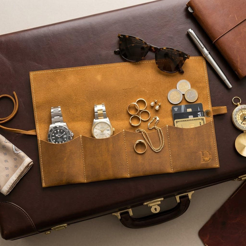Dessi Handmade Crazy Horse Full Grain Leather Watch Roll 4 Slot Storage Organizer Case Universal Flat Fold Coffee Brown Travel Pouch Holder for Men Women Luxury Mechanical Timepieces