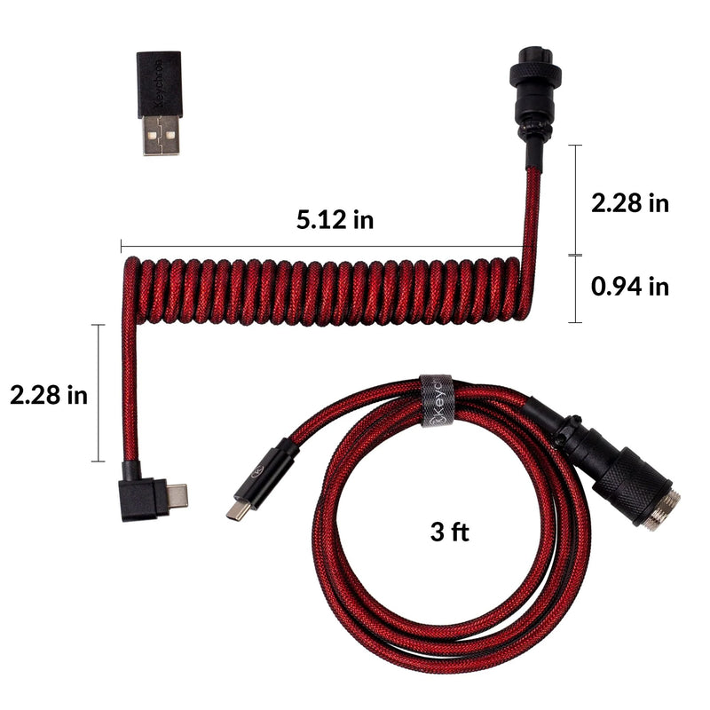 Keychron Premium Coiled USB-C Angled Red Cable, 5-Pin GX16 Detachable Metal Connector, USB-A Adapter, Double-Sleeved Design, for Mechanical Keyboards, Charging and Data Sync