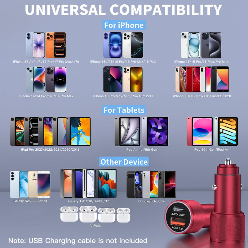 2Pack iPhone USB Car Charger,Dual USBA&USBC iPhone Car Charge Fast Charging | PD/QC USB C Cigarette Lighter Adapter, Car Charger USB Fast Charge for iPhone 17/16/15/14/13/12/11,iPad,Galaxy,S26/25,Android