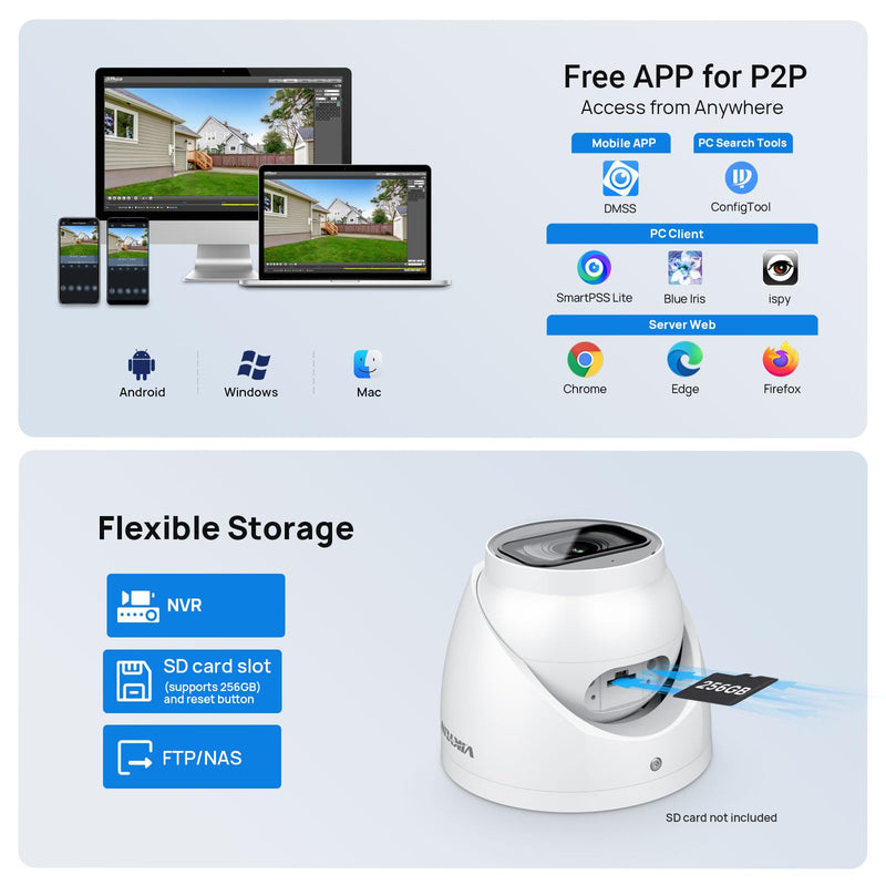 VIKYLIN 4K 8MP Starlight IP Security Camera Dome with Built-in Mic, 256GB SD Card Slot, 2.8mm Lens, 98ft IR,IP67, Indoor Outdoor PoE Surveillance Camera,DMSS/SmartPss Lite Moon White VD-2TM81-AS-D G2