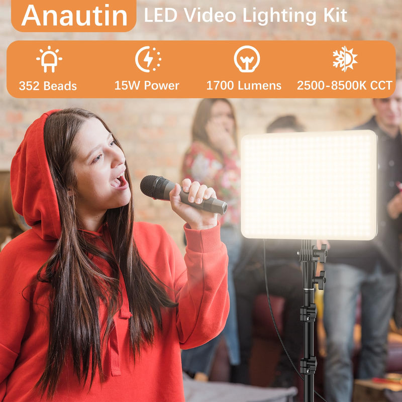 2-Pack LED Video Light Kit, Anautin 15W/1700Lux Photography Lighting with Tripod Stand, 2500-8500K Studio Light, Dimmable Stream Panel Light for Video Recording Gaming TikTok YouTube Podcast Makeup 2-Pack